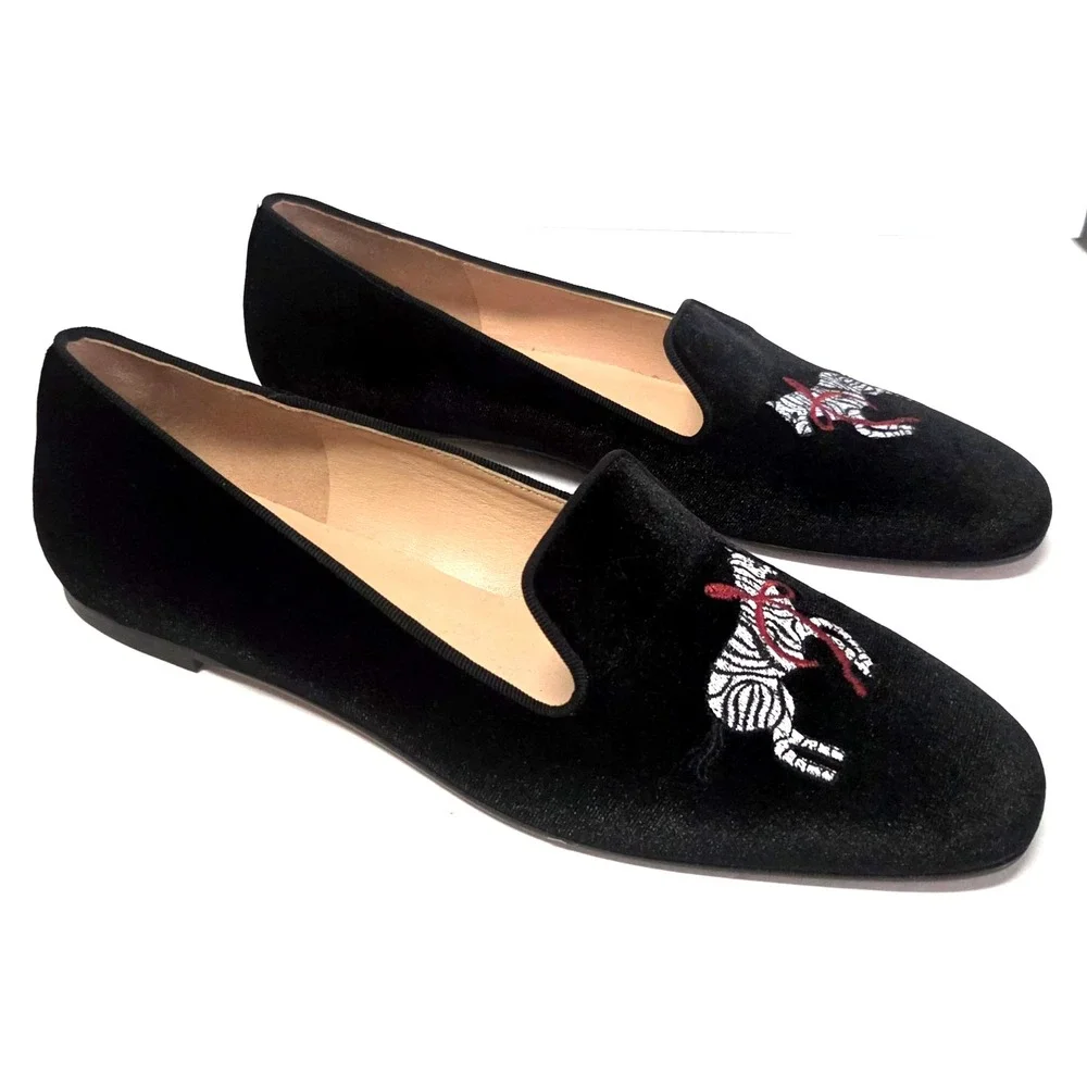 J. Crew Smoking Loafers 9 Zebra Embroidered Red Bow Black Velvet Made Italy NWOB